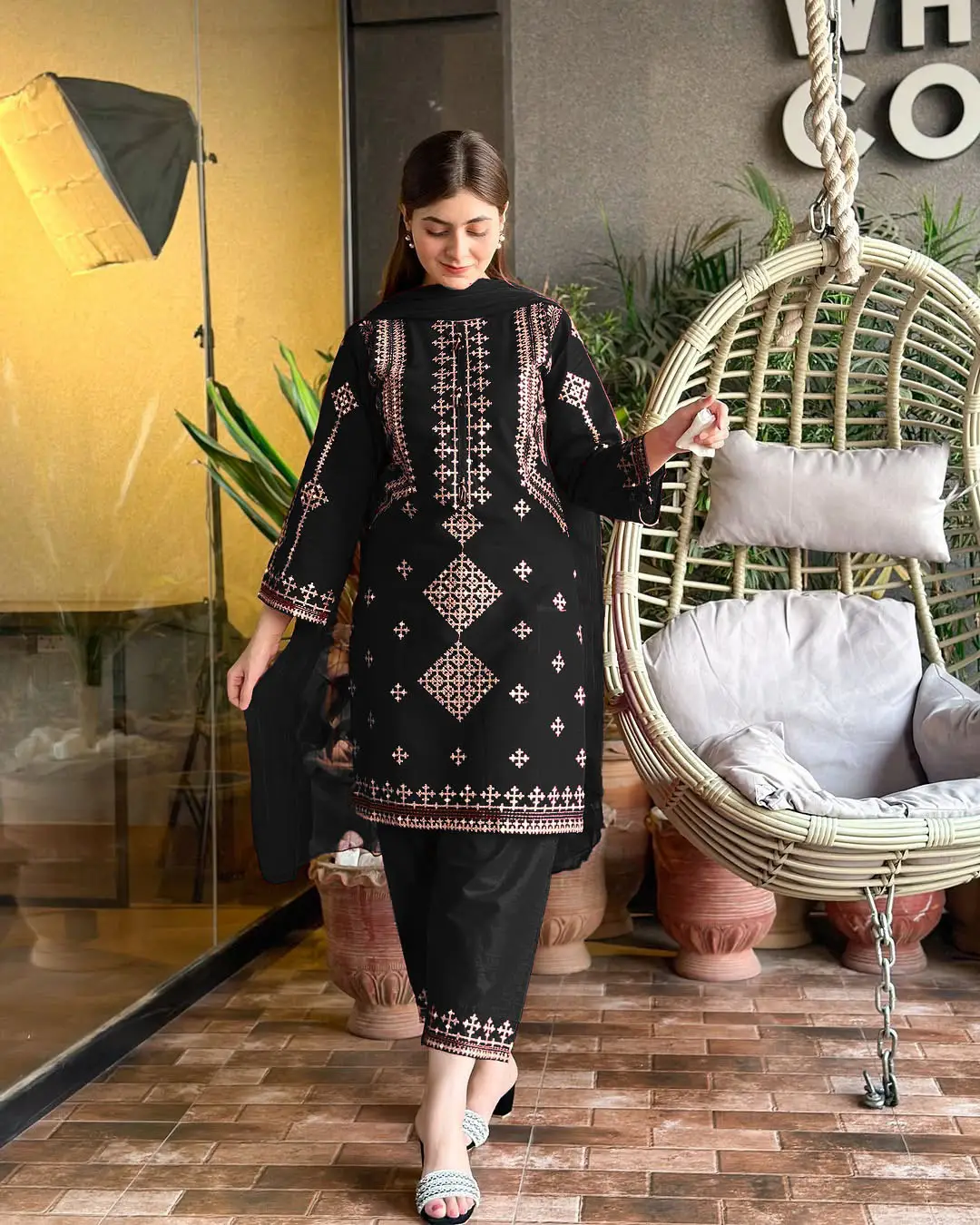 3 Pcs Women's Stitched Cotton Embroidered Suit