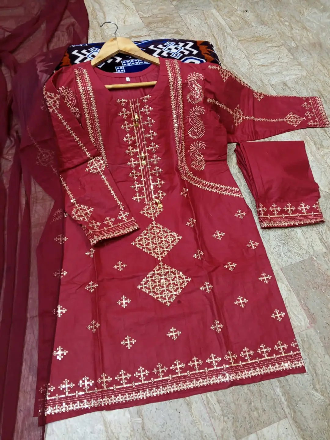 3 Pcs Women's Stitched Cotton Embroidered Suit