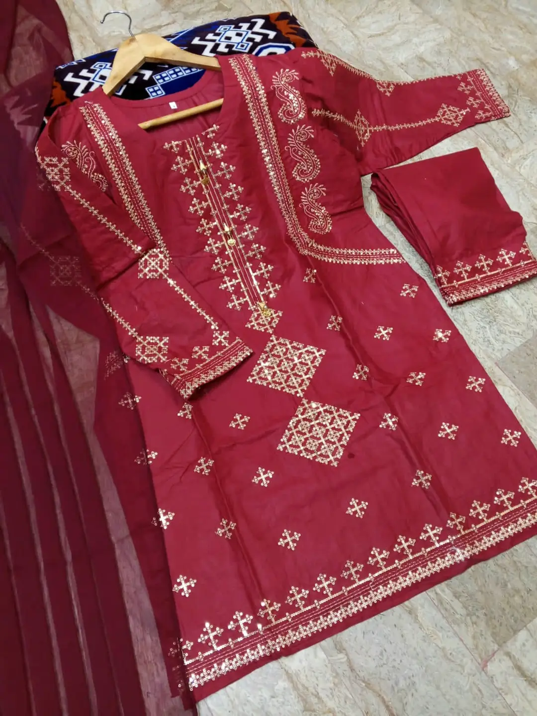 3 Pcs Women's Stitched Cotton Embroidered Suit
