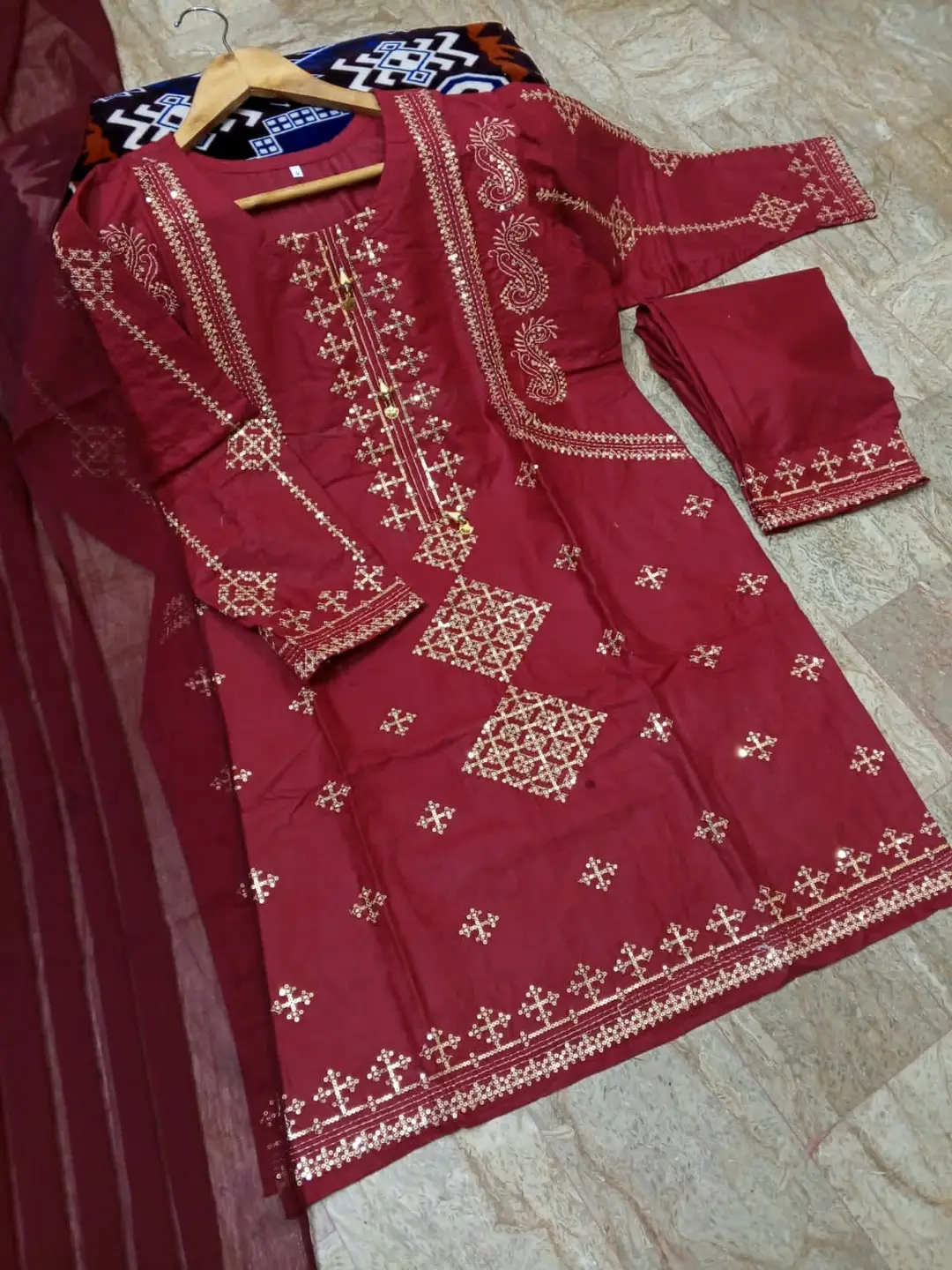 3 Pcs Women's Stitched Cotton Embroidered Suit