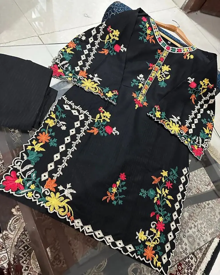 2 Pcs Women's Stitched Linen Embroidered Shirt And Trouser