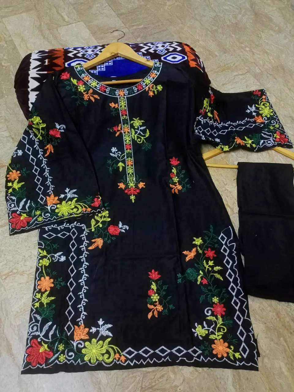 2 Pcs Women's Stitched Linen Embroidered Shirt And Trouser
