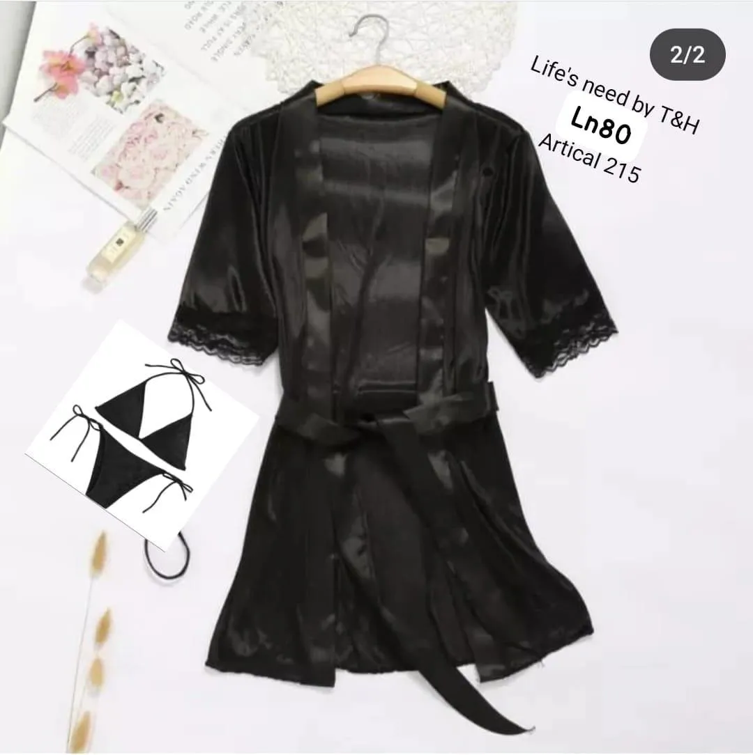 Black Silk 3-Piece Nightwear Set for Women