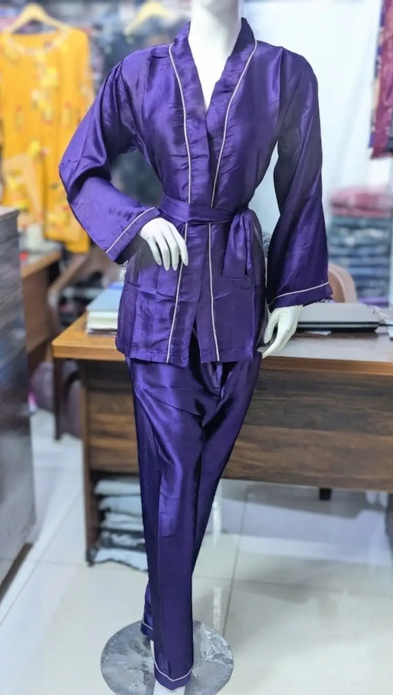 2 Pcs Women's Stitched Silk Plain Night Suit