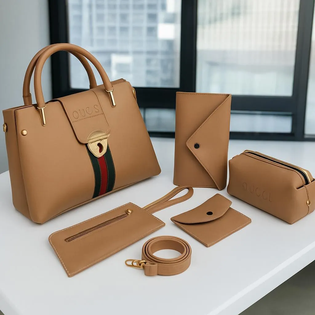 Women's Leather Handbag 5Pcs Set Safety Lock Maroon Brown Black Beige