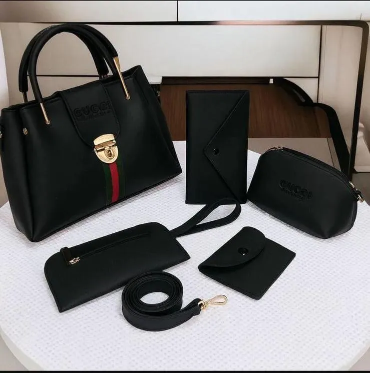 Women's Leather Handbag 5Pcs Set Safety Lock Maroon Brown Black Beige