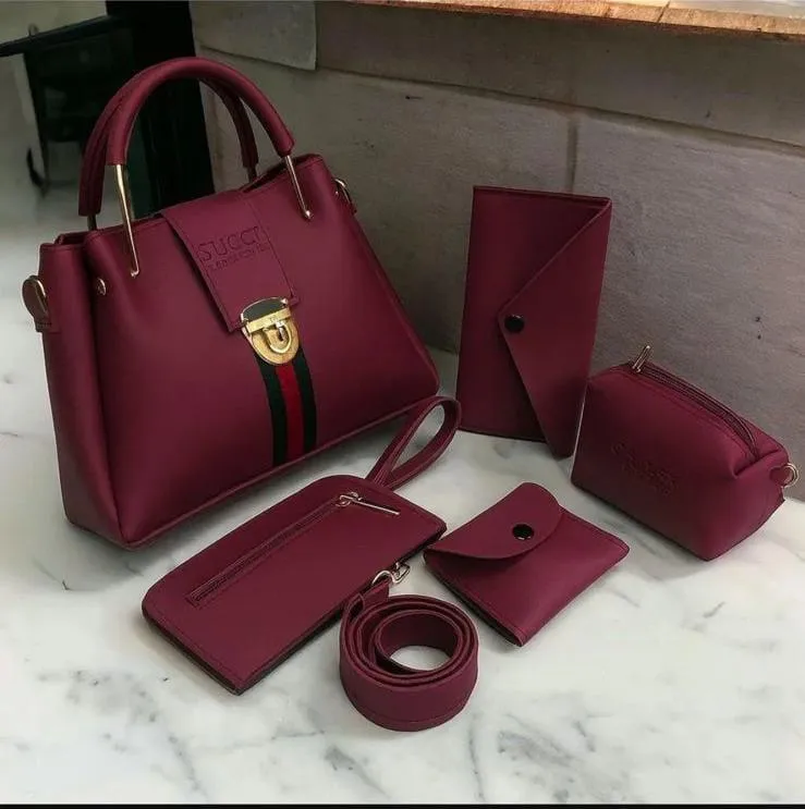 Women's Leather Handbag 5Pcs Set Safety Lock Maroon Brown Black Beige