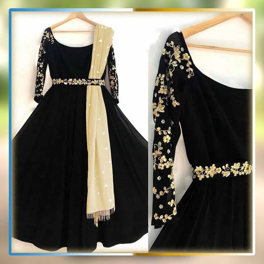 Black Embroidered Chiffon Maxi Suit with Pearl Dupatta