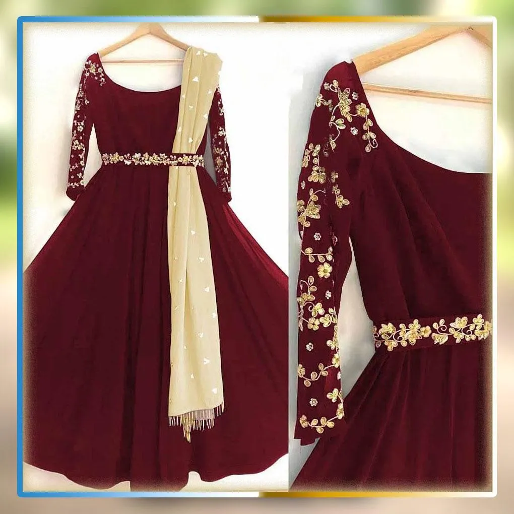 Maroon Embroidered Chiffon Maxi Suit with Pearl Dupatta