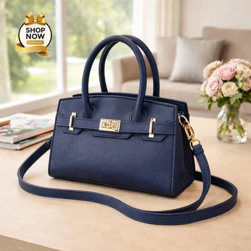 Black Leather Laptop Handbag Medium Size with Belt