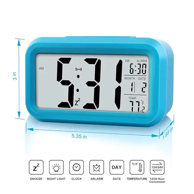 Alarm Clock for Kids,Battery Operated Digital Desk Clocks,with Smart Night Light,Temperature,Snooze Function,Small Electronic Clock for Bedroom Baby Room-