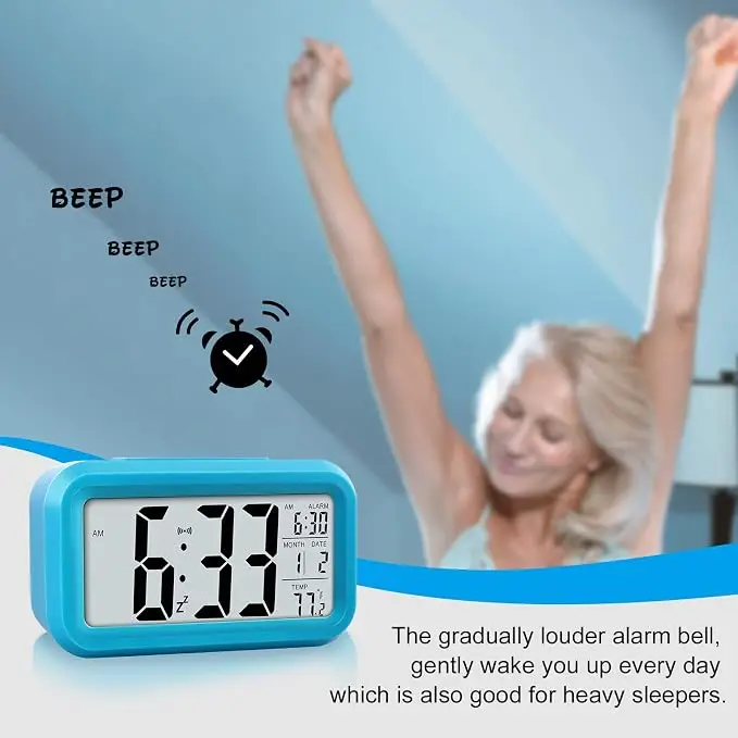 Alarm Clock for Kids,Battery Operated Digital Desk Clocks,with Smart Night Light,Temperature,Snooze Function,Small Electronic Clock for Bedroom Baby Room-