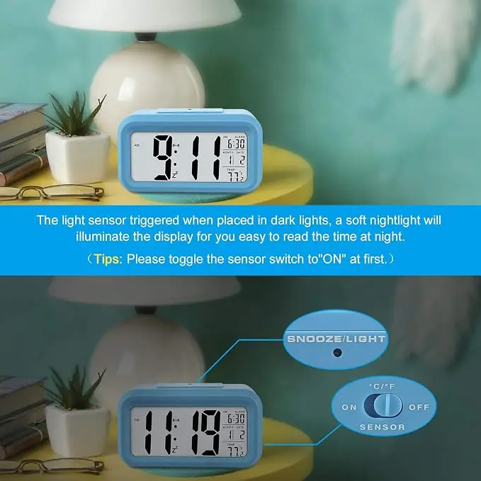 Alarm Clock for Kids,Battery Operated Digital Desk Clocks,with Smart Night Light,Temperature,Snooze Function,Small Electronic Clock for Bedroom Baby Room-