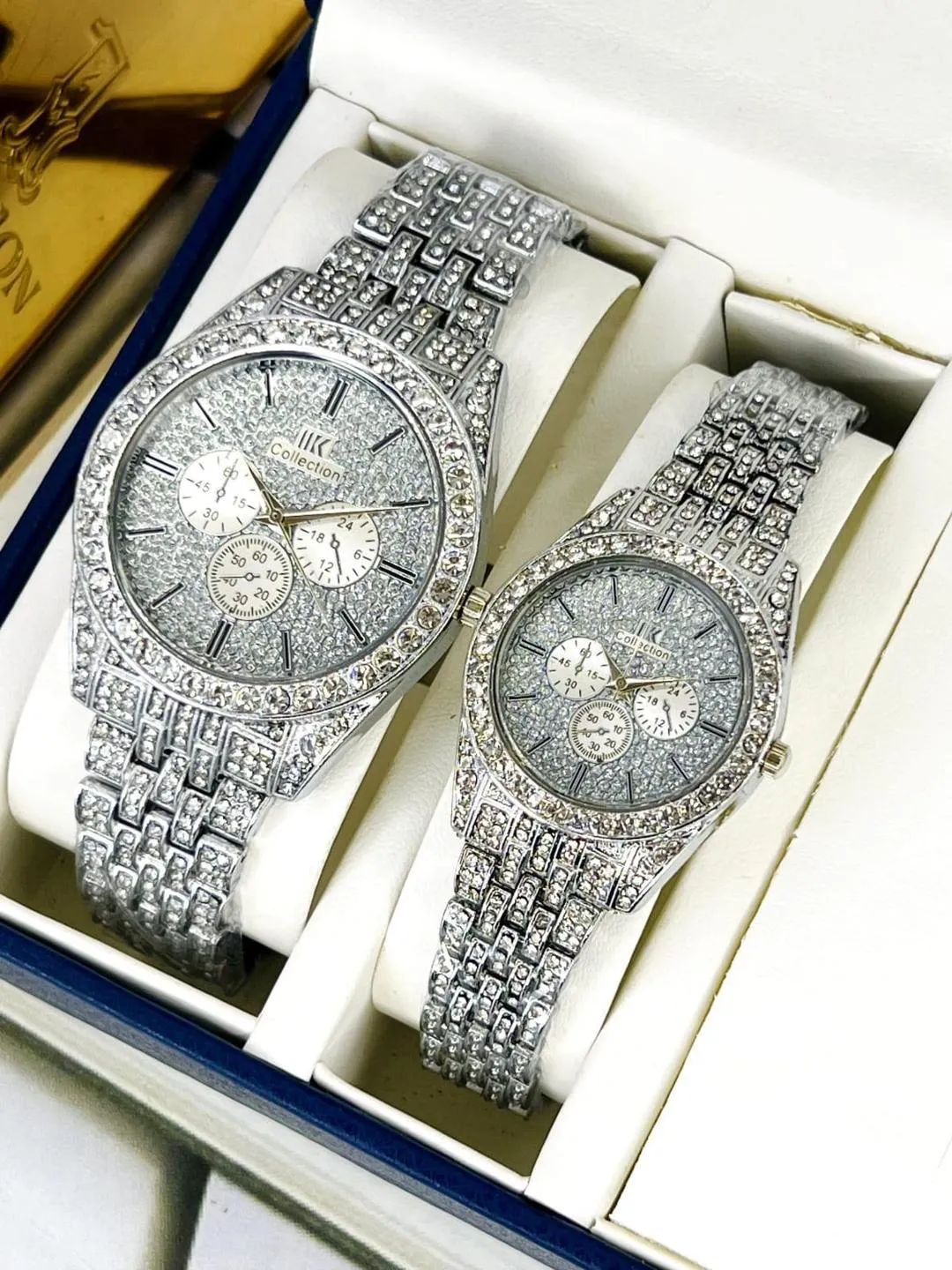 Unisex Rose Gold Couple Watches 2Pcs Crystal Chain Strap