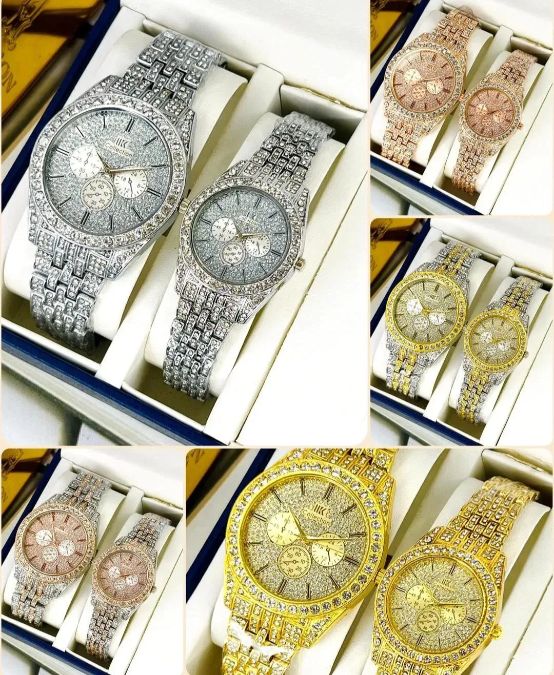 Unisex Rose Gold Couple Watches 2Pcs Crystal Chain Strap