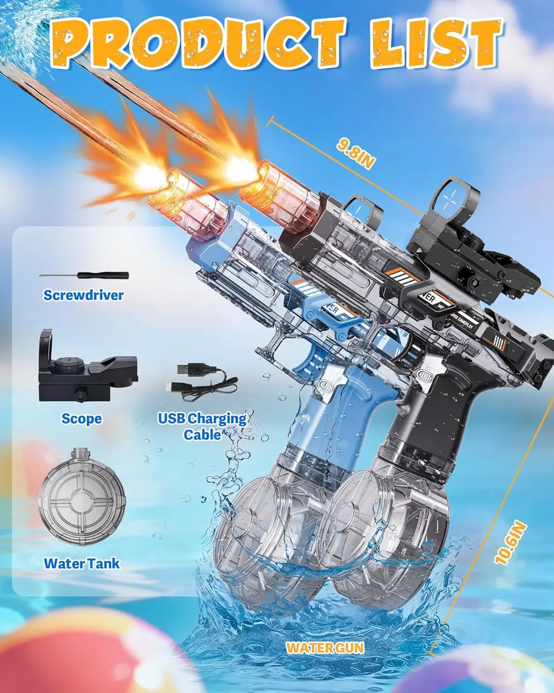 Electric Water Gun Fire Flash Upgraded, 320 Capacity Water Pistol Toy Squirt Gun for Kids Adults, Summer Outdoor Toy Yard Beach Swimming Water Play Toys
