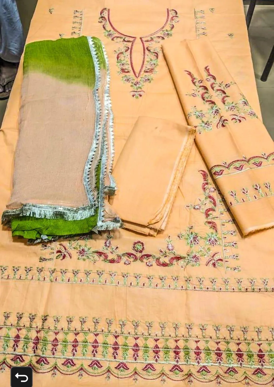 Pakistani Women Embroidered Lawn Suit Peach with Gota Dupatta