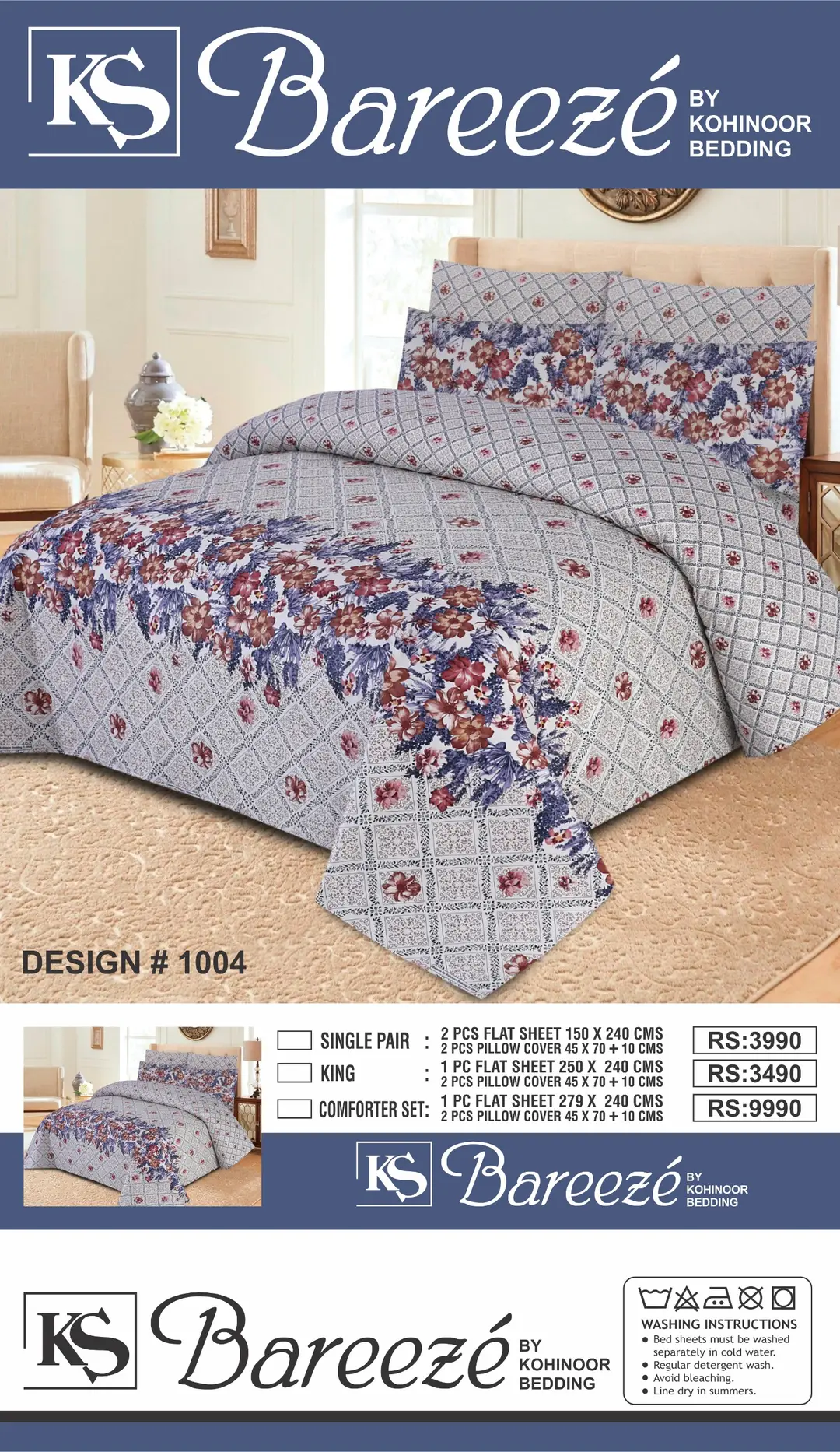 3 Pcs Cotton Printed Double Bedsheet