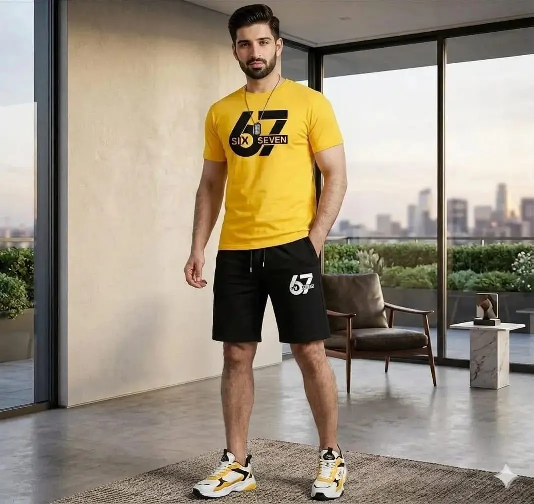 2 Pcs Men's Dri Fit Printed T-Shirt & Shorts Tracksuit