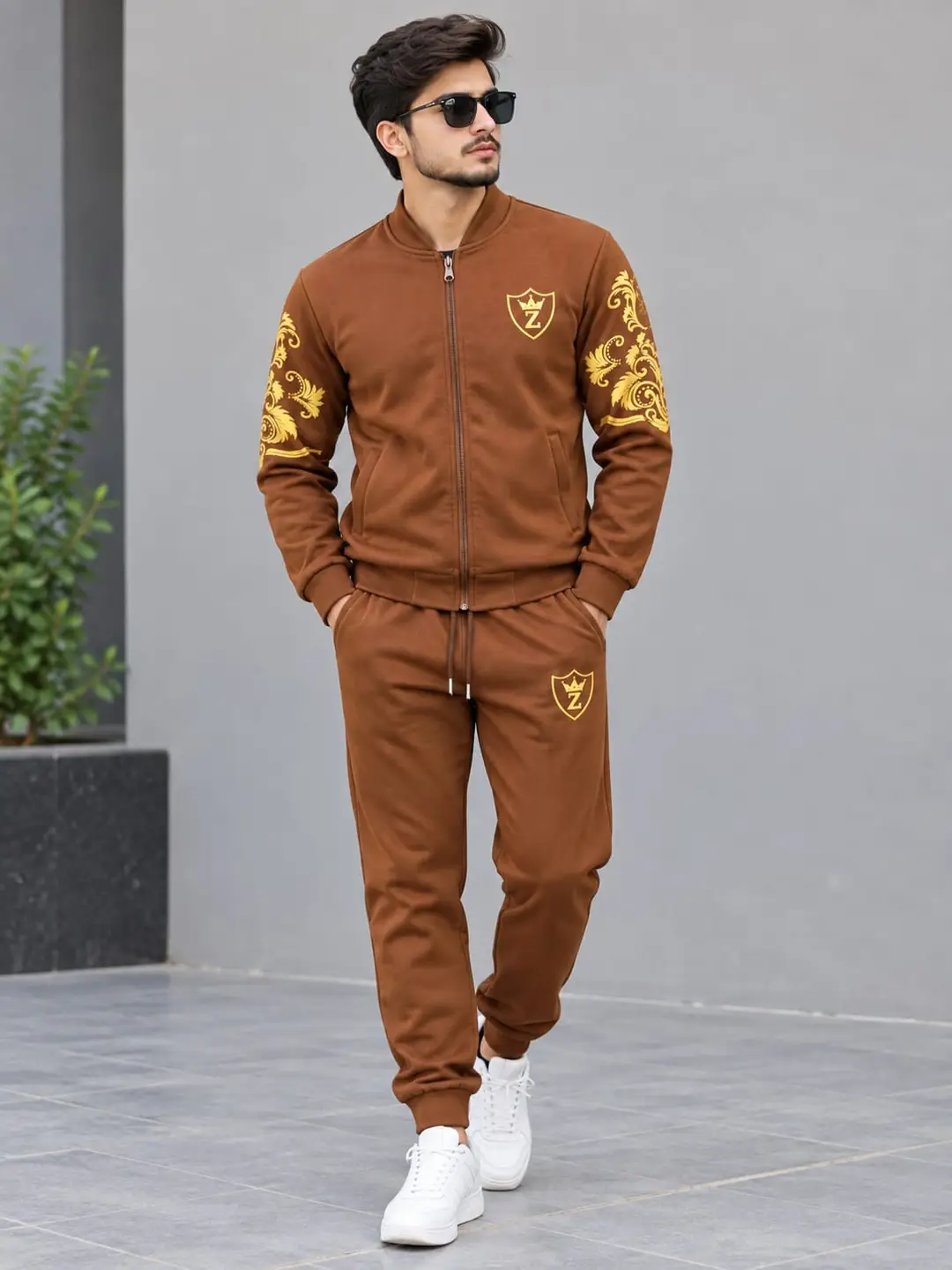 2 Pcs Men's Fleece Printed Zipper Track Suit