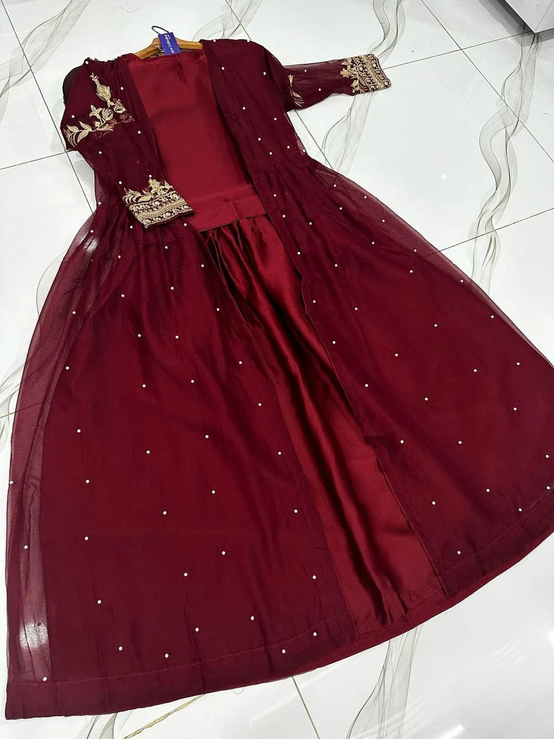 Maroon Embroidered Gown Suit for Women with Pearl Belt
