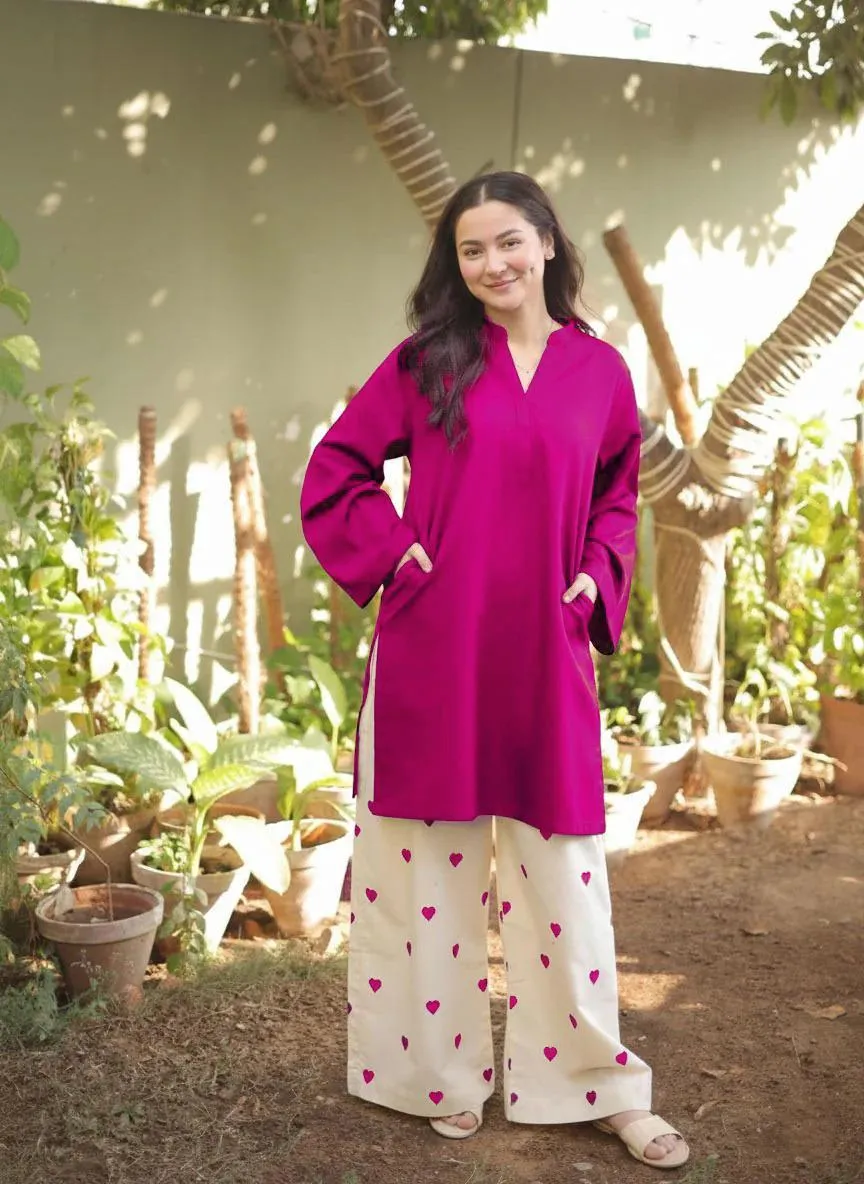 Women's Pink Embroidered 2Pcs Suit with Heart Design