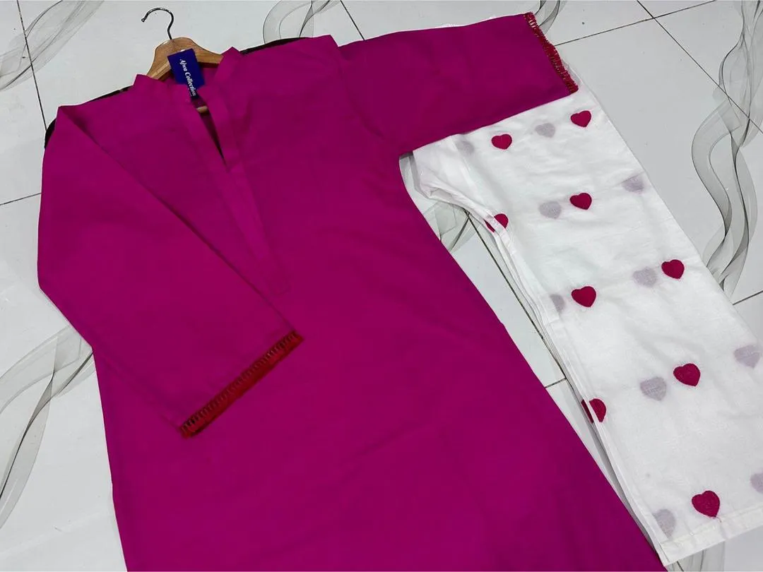 Women's Pink Embroidered 2Pcs Suit with Heart Design