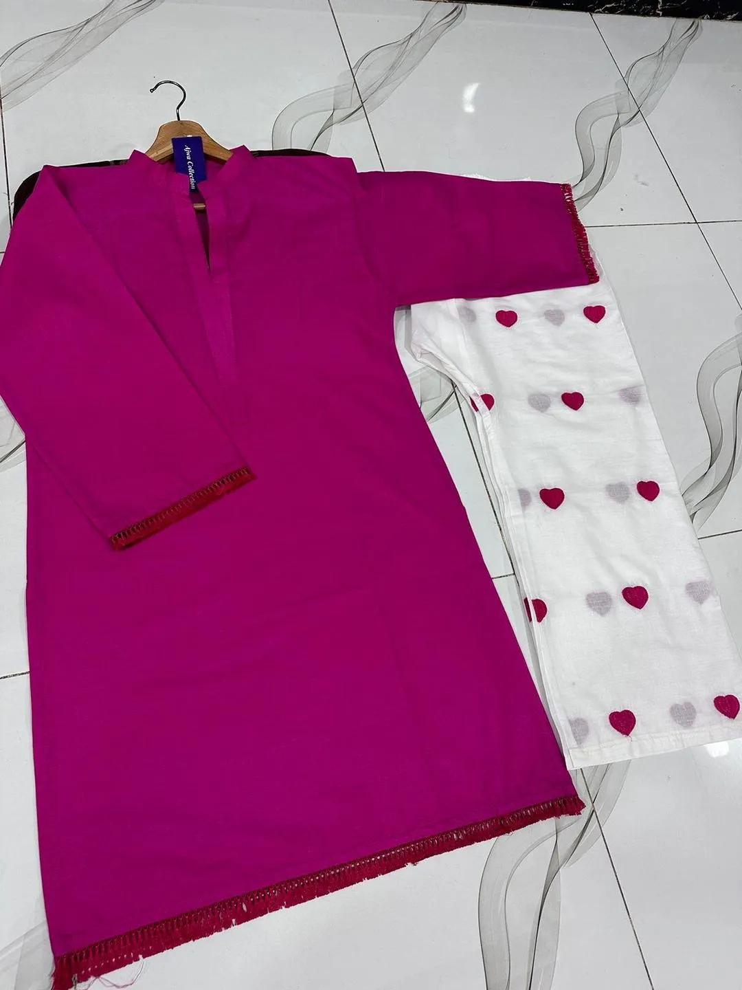 Women's Pink Embroidered 2Pcs Suit with Heart Design