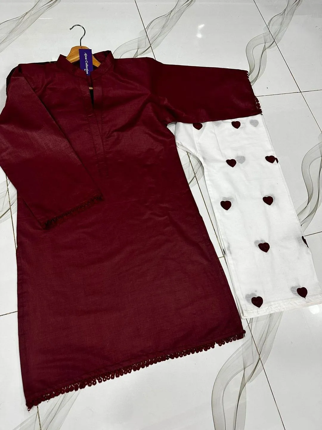 Lace Border Sleeve Shirt With Heart Embroidery Flapper 2Pcs