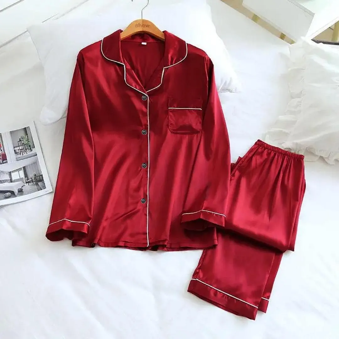 Maroon Silk Pajama Set for Women with Piping Detail