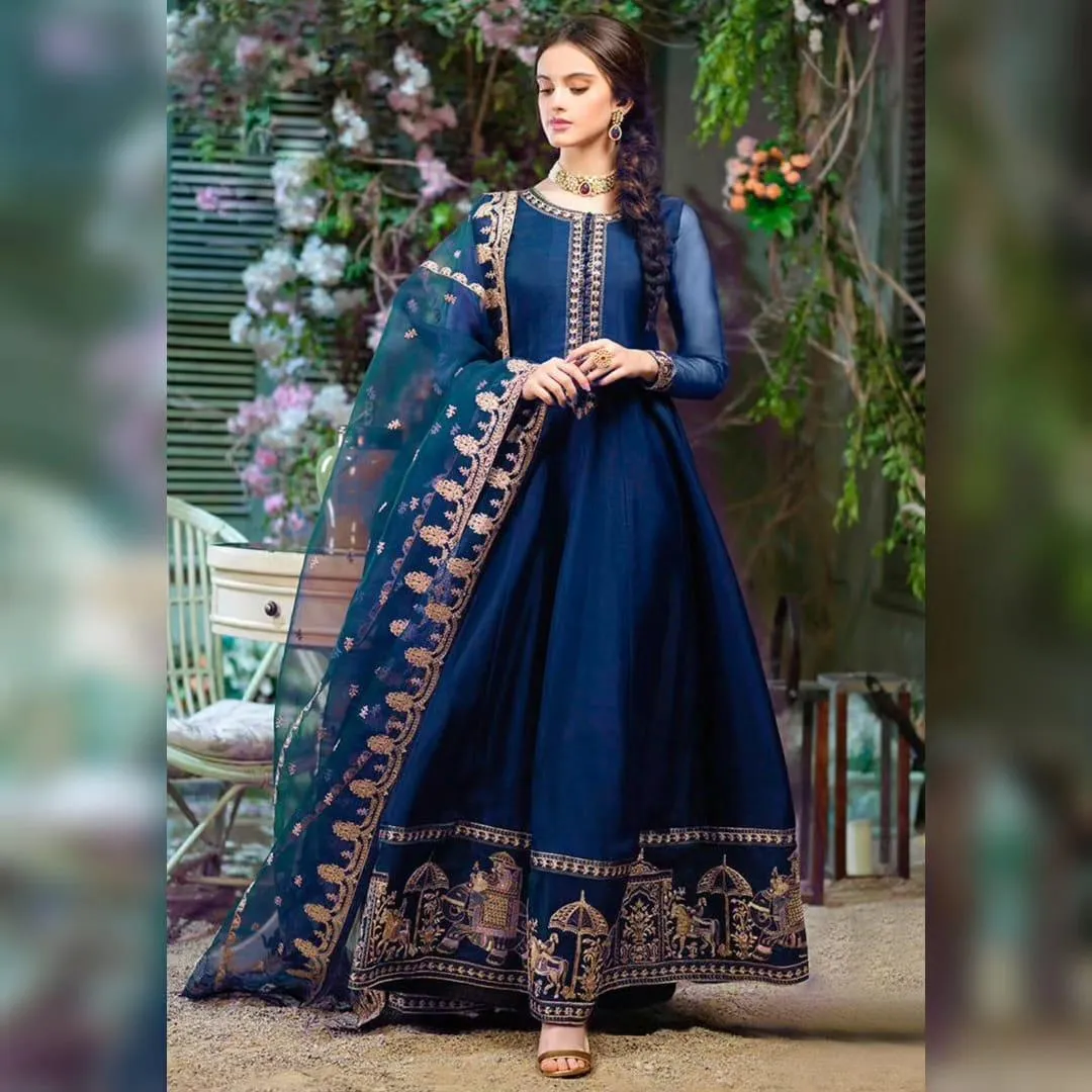 Blue Chiffon Embroidered Maxi Suit 3Pcs Set