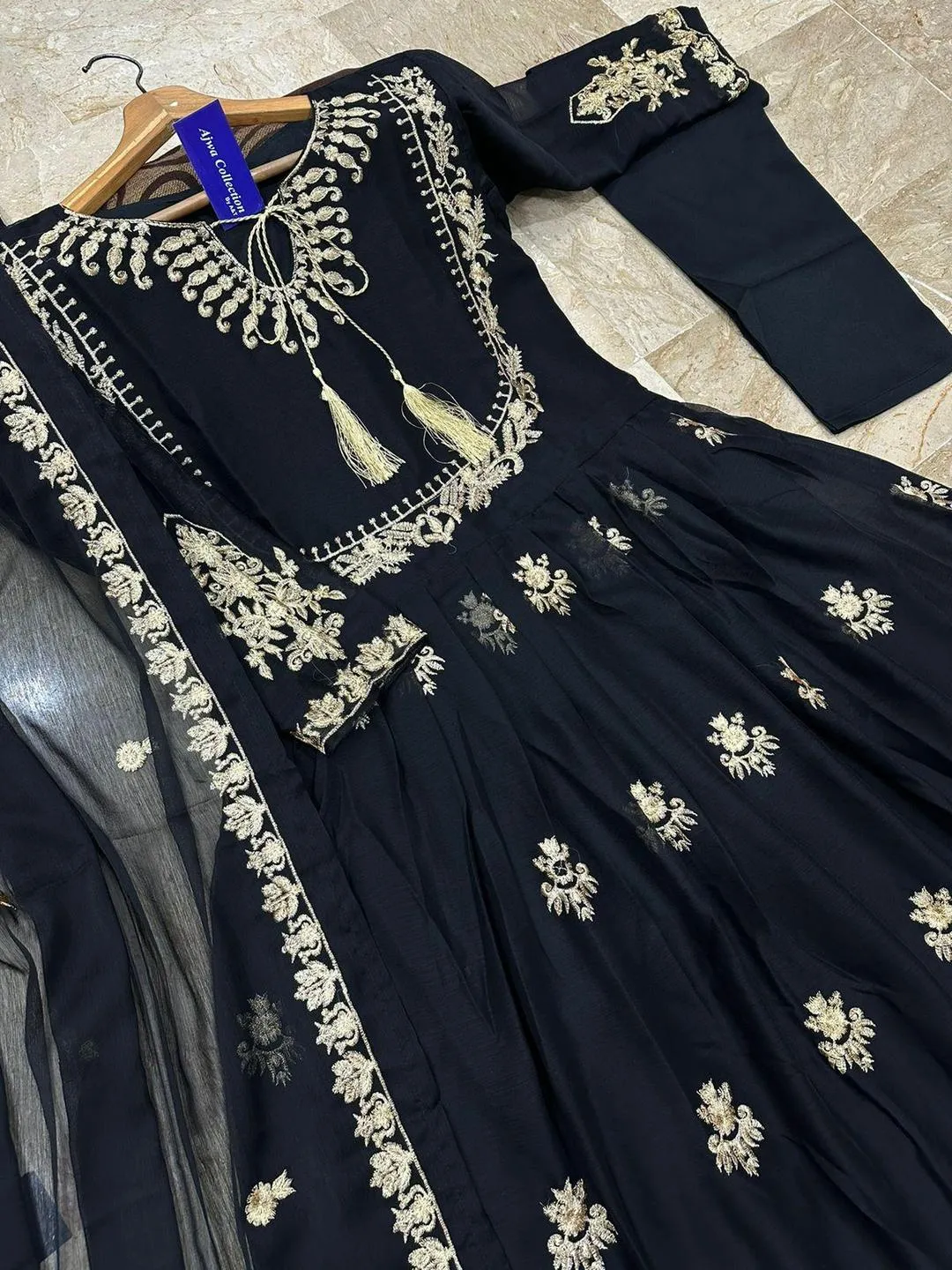 Black Embroidered Maxi Dress With Gold Emb Dupatta 3Pcs