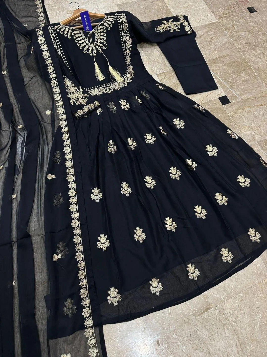 Black Embroidered Maxi Dress With Gold Emb Dupatta 3Pcs