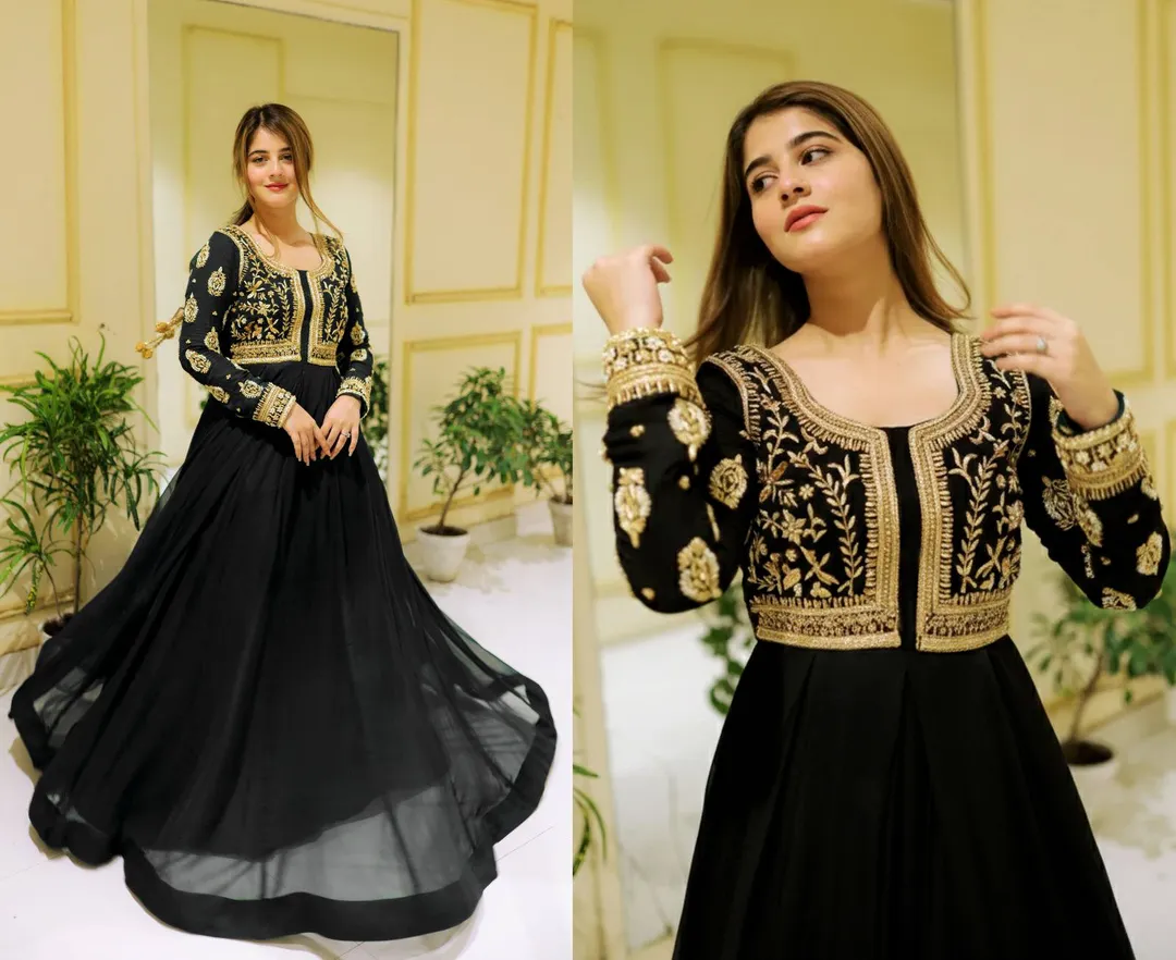 Black Embroidered Maxi Dress with Trouser Set