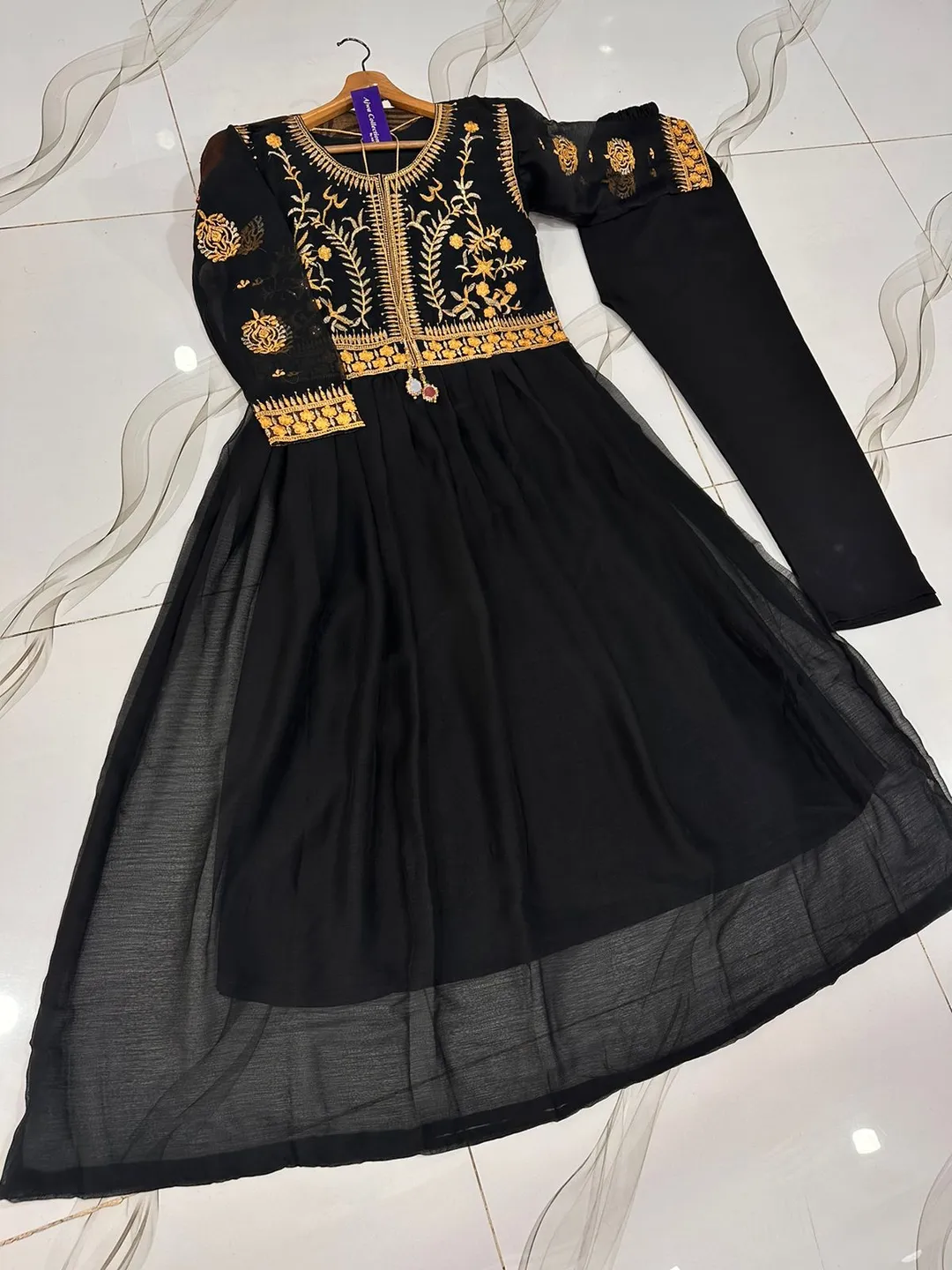 Black Embroidered Maxi Dress with Trouser Set
