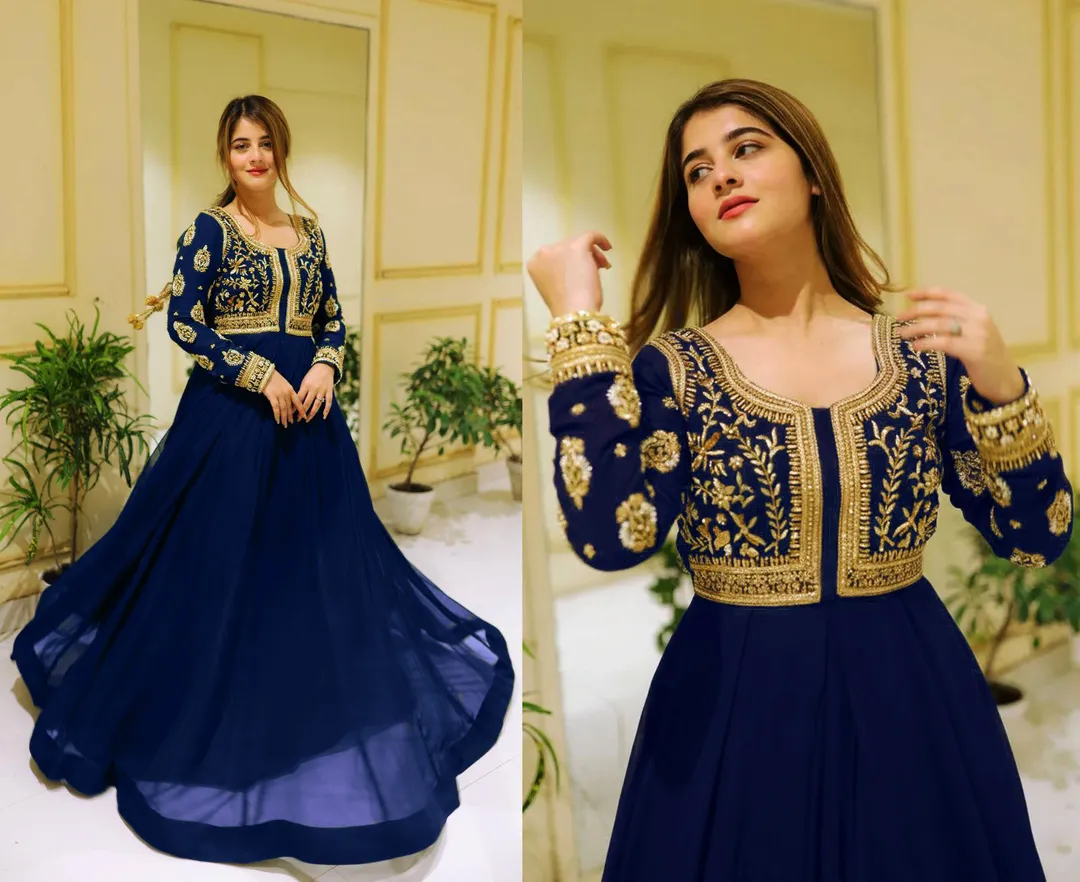 Blue Embroidered Maxi Dress with Trouser Set
