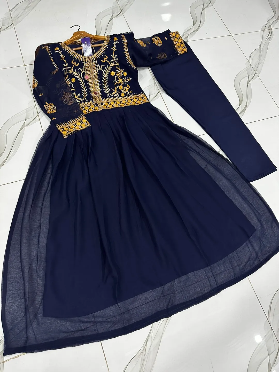 Blue Embroidered Maxi Dress with Trouser Set