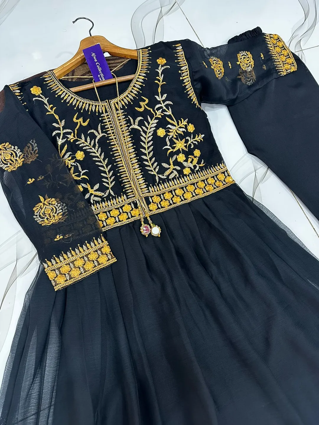 Blue Embroidered Maxi Dress with Trouser Set