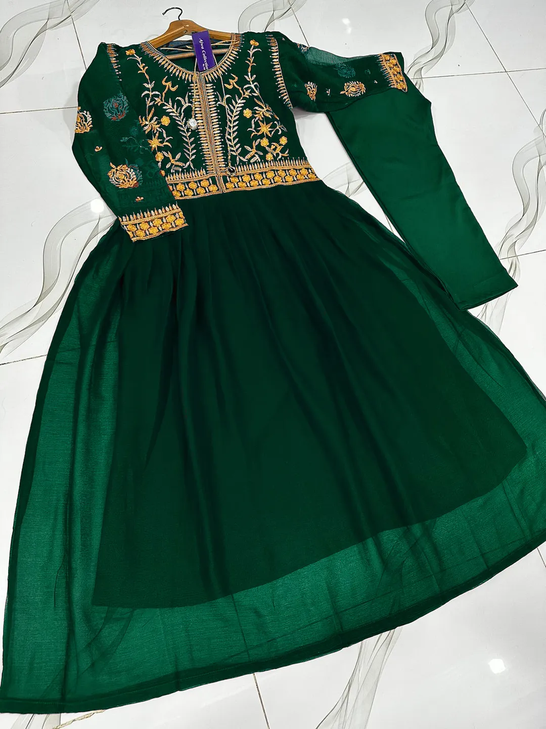 Green Embroidered Maxi Dress with Trouser Set