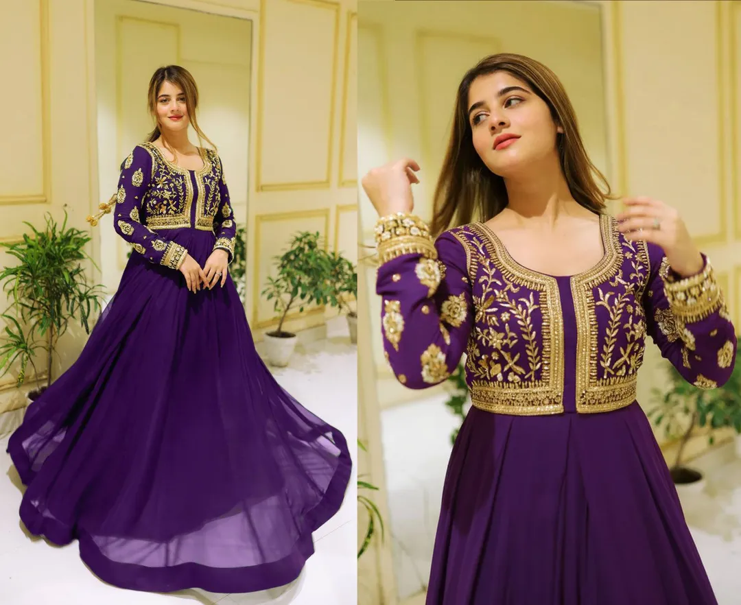 Purple Embroidered Maxi Dress with Trouser Set