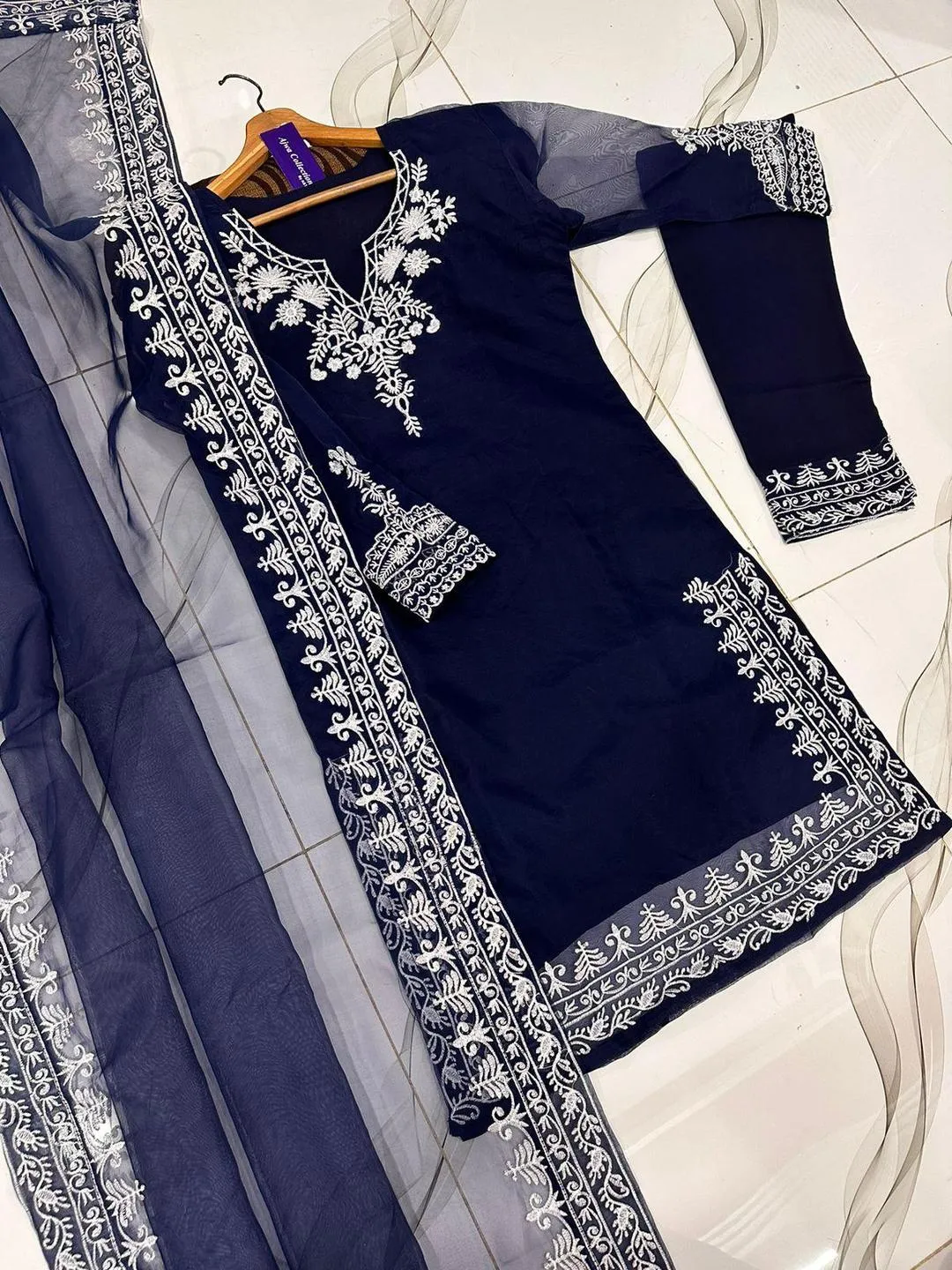 Blue Organza Embroidered 3Pcs Women Suit Set