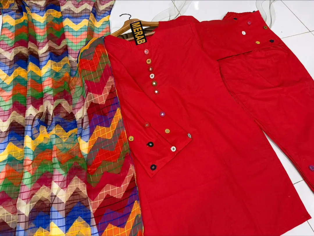 3 Pcs Women's Stitched Cotton Mirror Work Suit