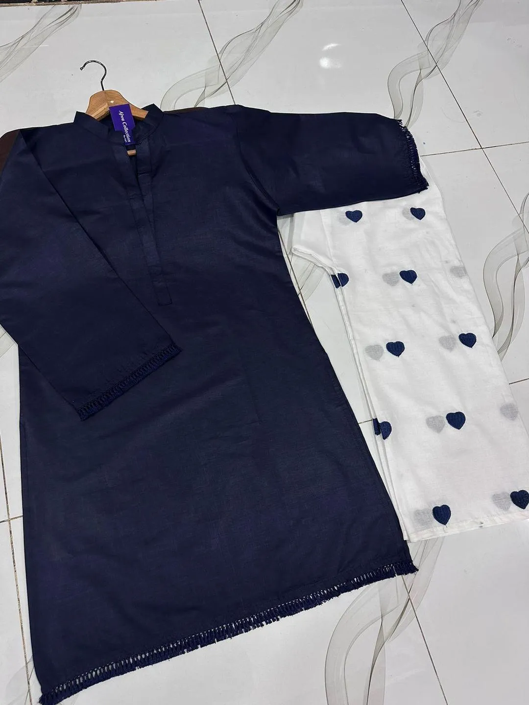 Women's Navy Blue Kurta with White Polka Dot Pants