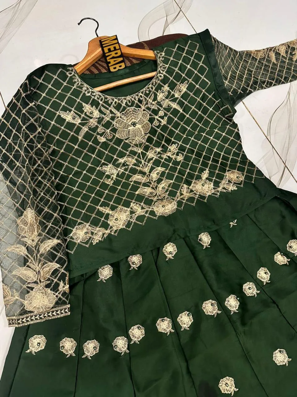 Green Embroidered Shamoz Silk Maxi Suit 2Pcs Party Wear