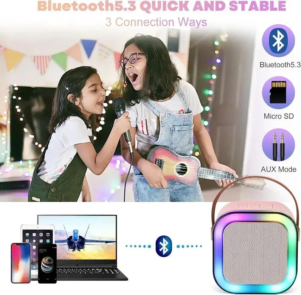 Portable LED Speaker Pink with 2 Microphones for Parties & Commutes