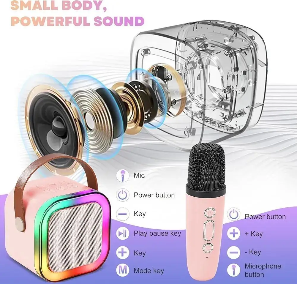 Portable LED Speaker Pink with 2 Microphones for Parties & Commutes