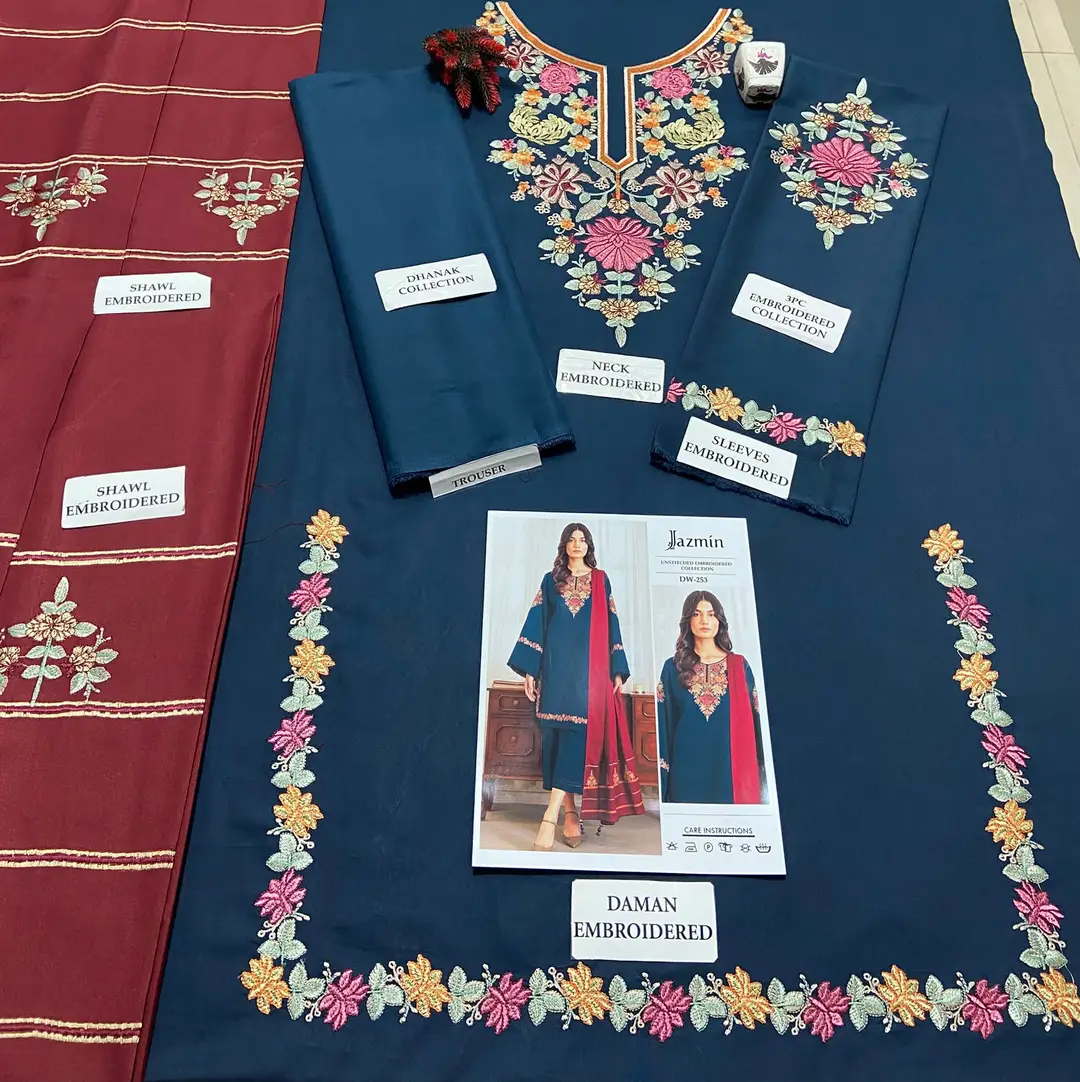 3 Pcs Women's Unstitched Embroidered Suit