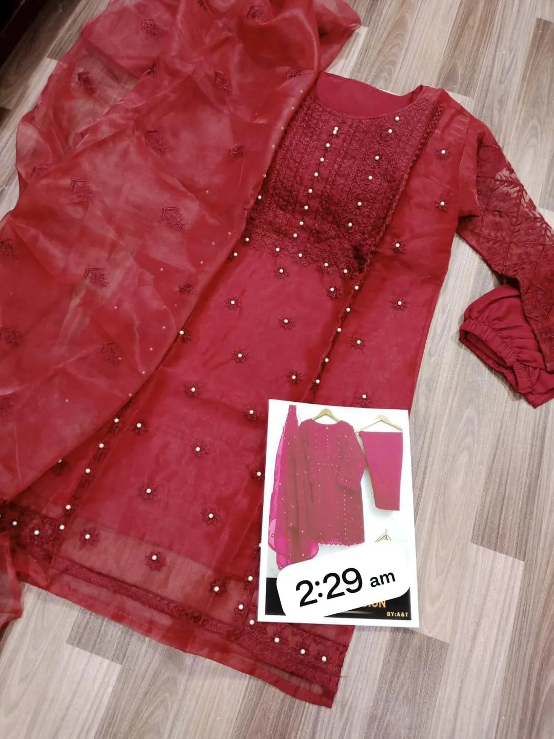 Maroon Embroidered 3Pcs Organza Suit for Women