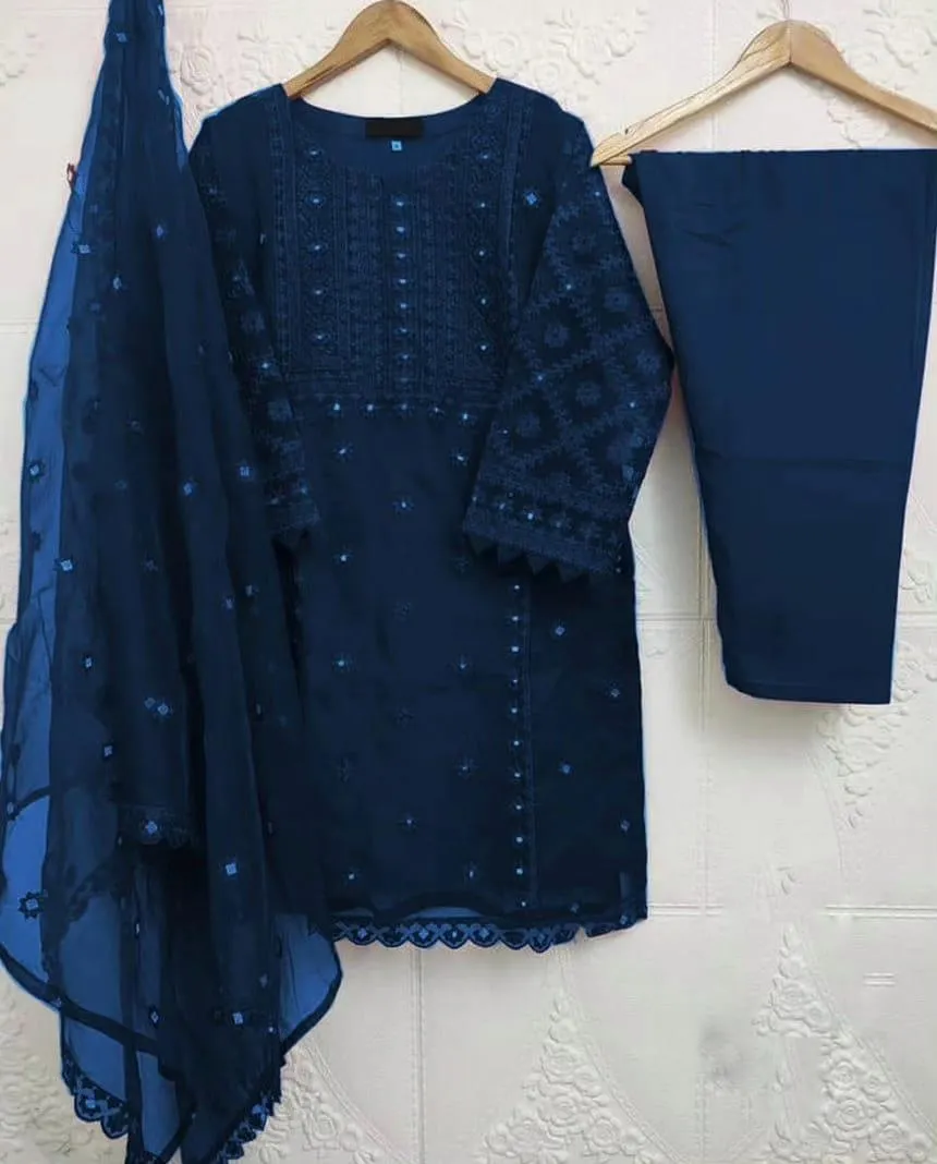 Blue Embroidered 3Pcs Women Suit with Pearls & Dupatta