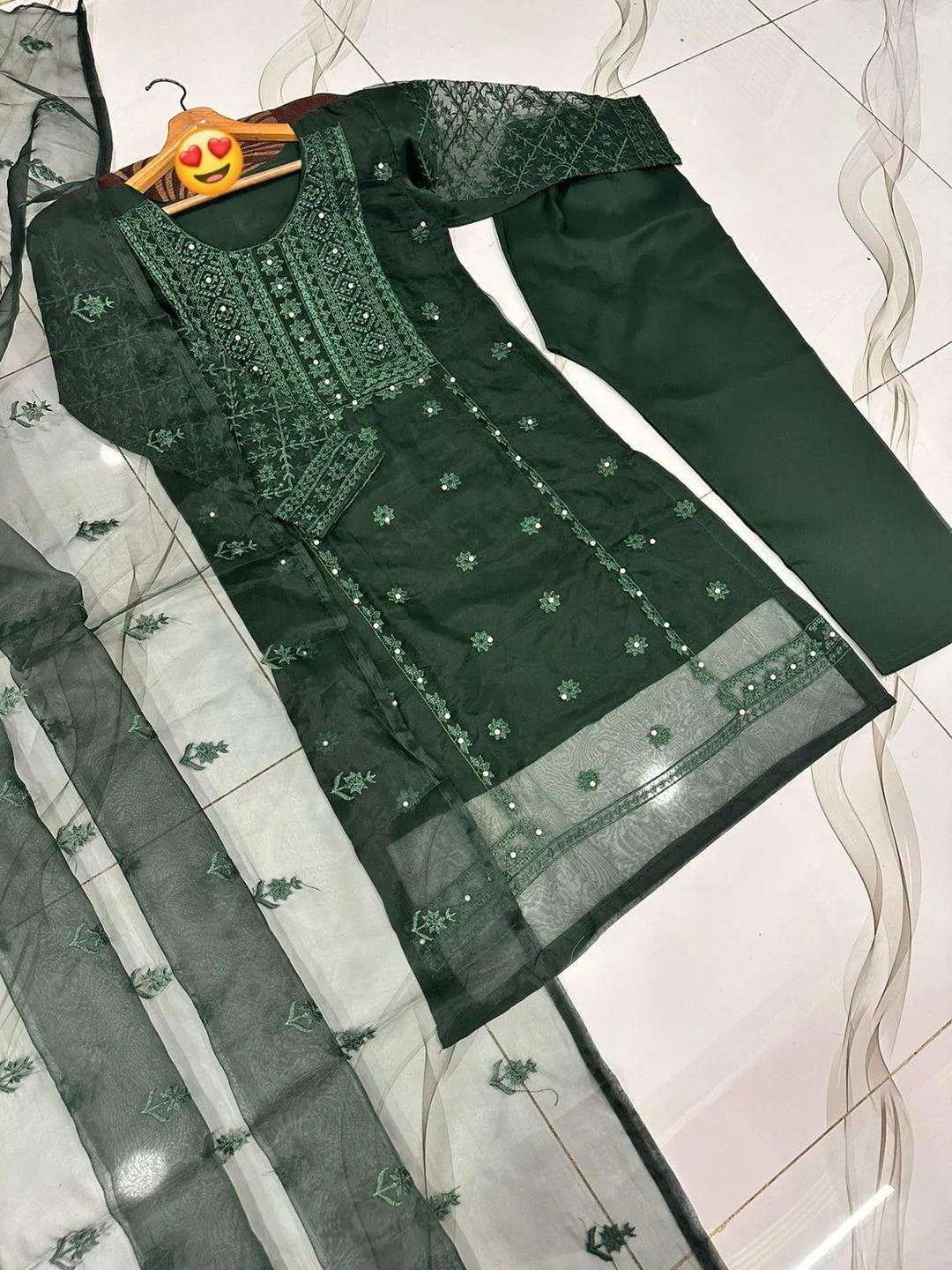 Green Embroidered 3Pcs Women Suit with Pearls